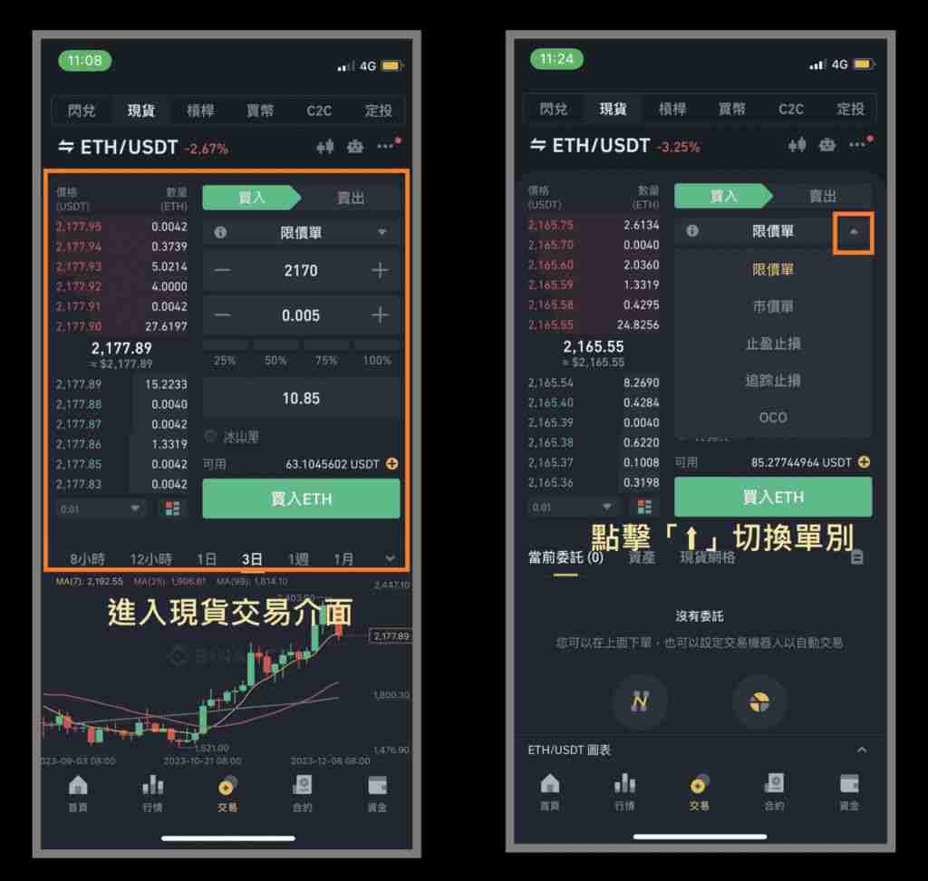 币安买入以太币现货图文教学:限价单、市价单、止盈止损单、OCO单使用教程